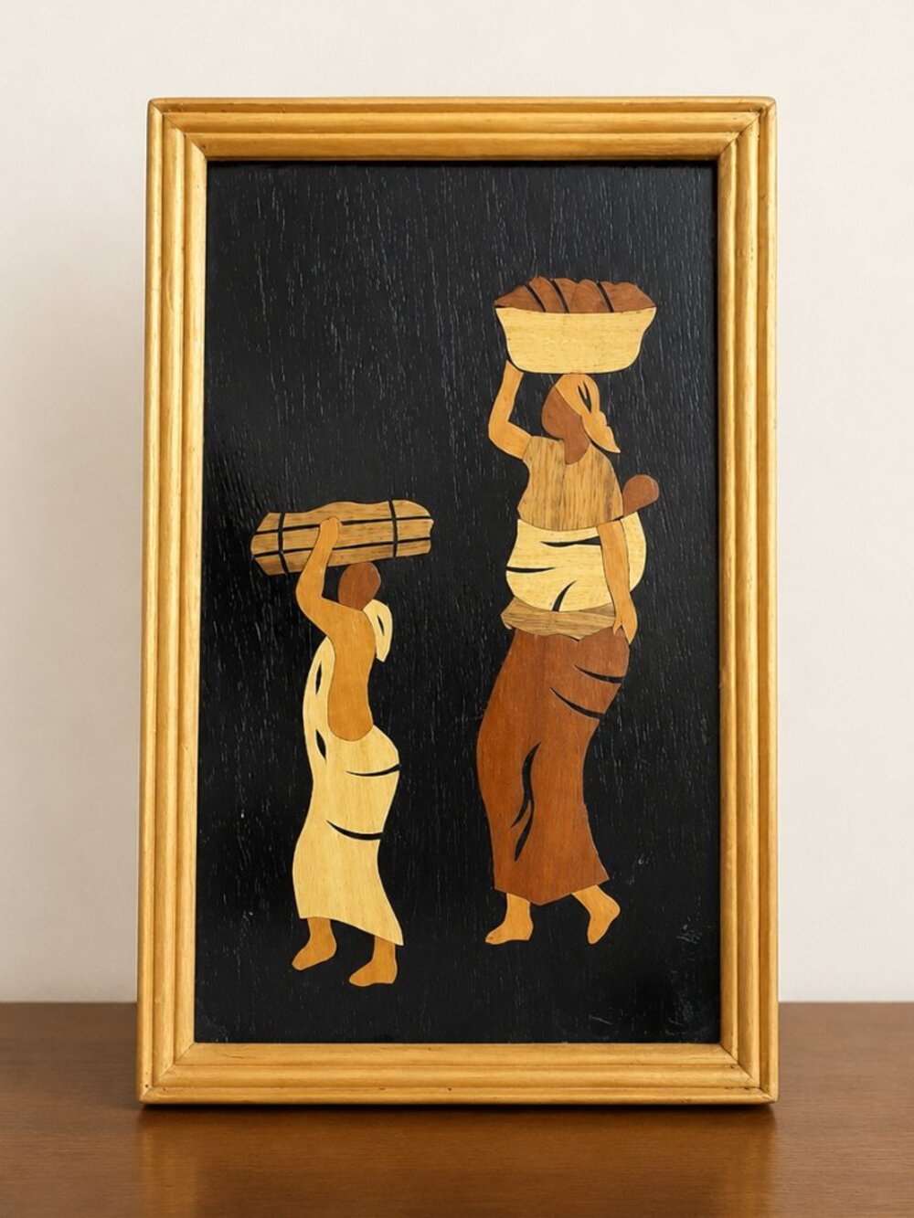 Ghana African Women Marquetry Wood Inlay Framed Wall Art Intarsia